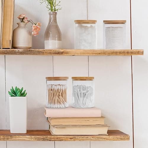 BKYFPQ 4 Pack Glass Qtip Holder Dispenser Set - Apothecary Jars with Lids for Vanity Makeup Organizer - Bathroom Canister Storage Organizer for Cotton Ball,Swab,Round Pads,Floss - 4pcs thumbnail 7