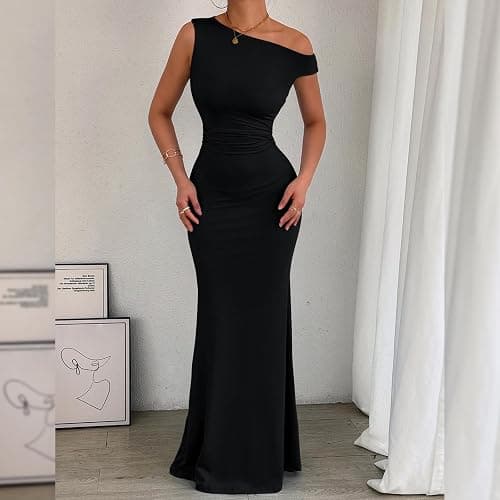 Gkaopi Robe Femme Sexy sans Manches Une Épaule Robes Longue Moulante Elégant Bodycon Maxi Robe de Soirée D'éte Décontracté Plissée Couleur Unie Wrap Robes pour Clubbing Cocktail Prom Fête thumbnail 2