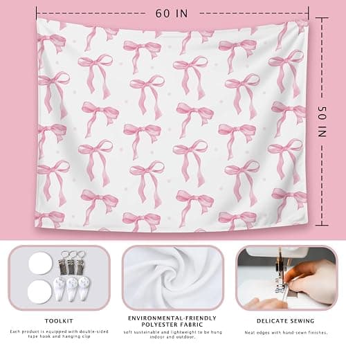 LIANGW Coquette Pink Bow Tapestry Wall Hanging, Coquette Preppy Room Decor, Pink Girly Aesthetic Wall Blanket Decor for Girls Room Dorm Apartment, 50x60 Inch thumbnail 7