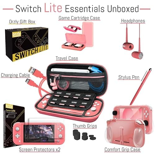 Orzly Accessories Bundle Compatible for use with Nintendo Switch Lite - Protective Case & Screen Protector, USB Cable, Games Holder, Grip Case, Headphones, Thumb-Grip Pack & More (Coral) thumbnail 3