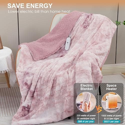 Dowin Heated Blanket Throw,Pink Heating Throw Blanket 50" x 60" Reversible Faux Fur & Sherpa,5 Heat Levels & 4Hrs Auto Off, Over-Heat Protect,ETL Certification Machine Washable,Idea Gift thumbnail 3