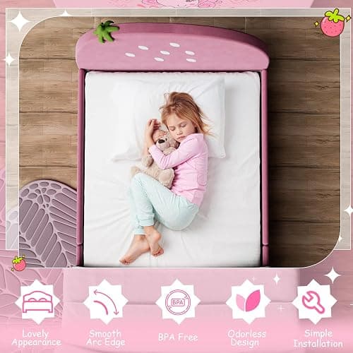 HONEY JOY Twin Bed Frames for Kids, Toddler Wooden Twin Bed Platform w/Headboard & Slat Base, No Box Spring Needed, Children Bedroom Furniture for Boys Girls, Fits Standard Twin Mattress, Strawberry thumbnail 7