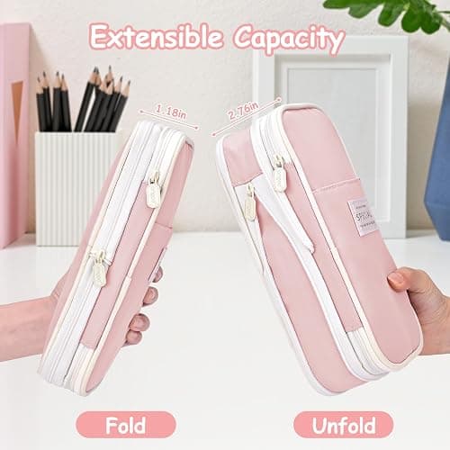 Mamowla Pencil Case for Girls, Big Capacity Large Pencil Case Pen Cases Portable Office Stationery Makeup Bag Pouch, Desk Organizer for School Boys Kids Teenage Adults Women Men(Pink) - Pink thumbnail 2