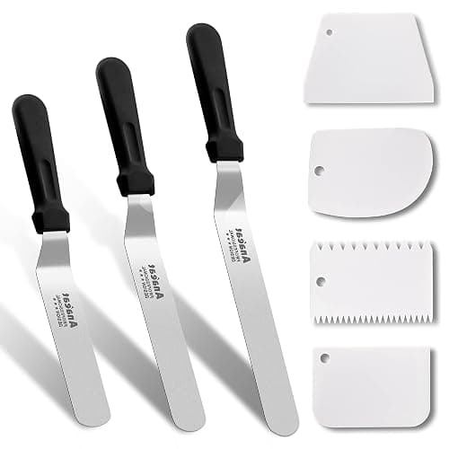 Anaeat Icing Spatula, 3 Pieces Professional Angled Offset Frosting Spatulas with 6", 8", 10" Stainless Steel Blades & 4 Pack Cake Smoother Scraper for Cake Decorating, Baking & Pastry (Set of 7) - Image 1