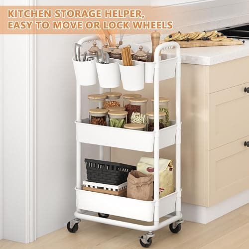 JIUYOTREE 3-Tier Plastic Rolling Storage Cart Utility Cart with Extra Hanging Cups Handles Lockable Wheels for Living Room Bathroom Kitchen Office White thumbnail 3