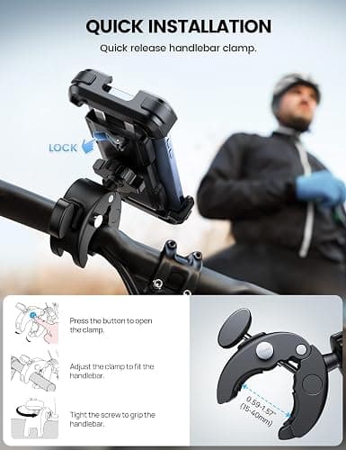 Lamicall Motorcycle Phone Mount, Bike Phone Holder - [Metal Lock] Upgrade Quick Install Handlebar Clip for Bicycle Scooter, Cell Phone Clamp for iPhone 17 16 15 Pro Max, Galaxy, 4.7-6.8" Phones thumbnail 4