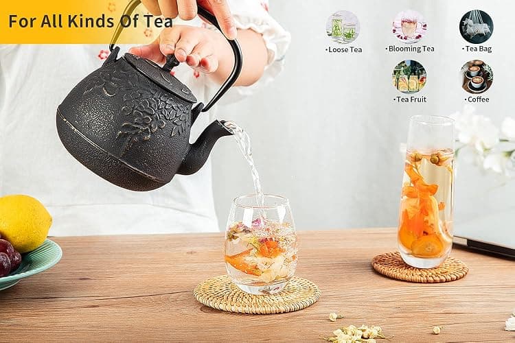 Toptier Cast Iron Tea Kettle, Stovetop Safe Japanese Cast Iron Teapot with Infuser, Leaf Design Tea Kettle for Stove Top Coated with Enameled Interior for 32 Ounce (950 ml), Warm Beige & Gray thumbnail 2