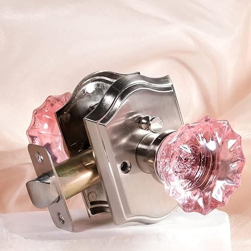 Floresita Crystal Door Knobs, Stain Nickel Pink Glass Door Knobs Interior Rose Shape with Lock Privacy Function, Vintage Antique for Bedroom Bathroom - Image 1