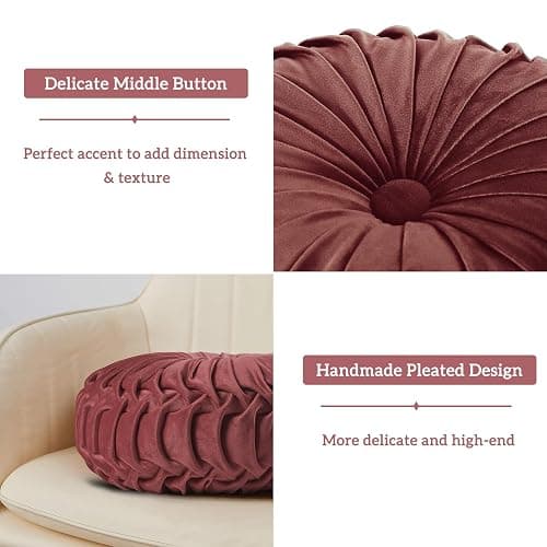 HIG Set of 2 Decorative Round Pleated Throw Pillows,Classy Accent Pumpkin Throw Pillows with Center Button,Vintage Velvet Floor Pillows for Sofa Vanity Chair Bed,Dusty Rose,14.5" Diameter(Ripple) thumbnail 4