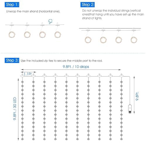 Minetom Curtain Lights, 300 LED Dimmable Fairy Lights with Remote and Timer, 8 Modes, USB Powered String Lights for Room Wall Party Xmas Indoor Decor, Blue & White - Blue & White - 1 Pack thumbnail 5
