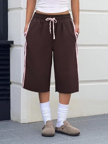 Faretumiya Women Baggy Capri Sweatpants Side Stripe Bermuda Shorts | Y2k Camouflage Knee Length Shorts Striped Drawstring Waist Wide Leg Long Sweat Shorts Athletic Lounge Streetwear thumbnail 2