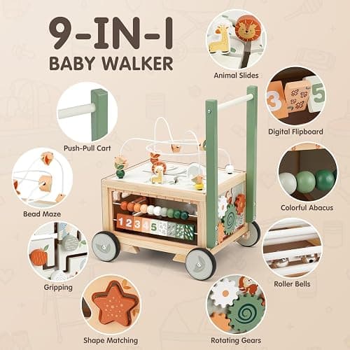 Joyreal Wooden Baby Walker - 9-in-1 Baby Push Walker with Activity Cube, Push Activity Walker for Boys and Girls, Sit-to-Stand Learning Walker Activity Center, Speed & Height Adjustable thumbnail 3
