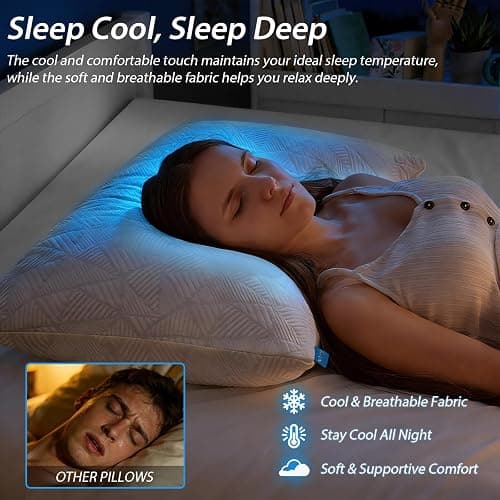 BETU Cooling Pillow Queen Size, Shredded Memory Foam Cool Pillow for Hot Sleepers, Adjustable Firm Soft Support Bed Pillows Perfect for Back Neck Pain and Side Sleeping with Pillow Case Cover, White thumbnail 4