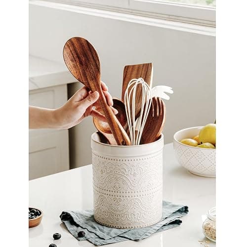 MIKIGEY Kitchen Utensil Holder, 7 Inches Large Ceramic Utensil Holder for Countertop, Lace Emboss Cooking Utensil Crocks for Kitchen, Home Decor, Off-White thumbnail 2