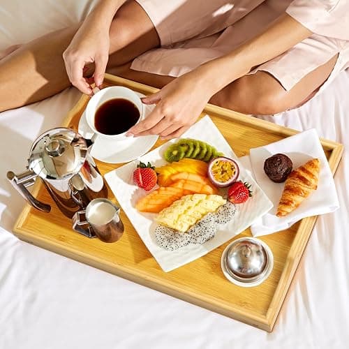 Bamboo Bed Tray Table, Folding Legs and Handles, Breakfast Tray, Laptop Desk for Bed or Sofa, Serving Tray for Eating, Working, Reading,Picnic thumbnail 2