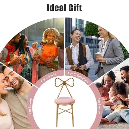 DYRABREST Makeup Vanity Chairs Stool for Bedroom with Bow Knot Backrest and Velvet Cushion Bedroom Pink Princess Chair with Golden Metal Leg for Girl Room 32.3 inch Tall (Dark Pink) thumbnail 8
