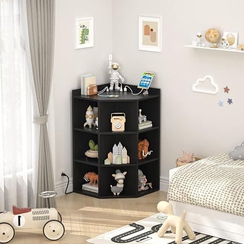 Aheaplus Corner Cabinet, Black Corner Storage with USB Ports and Outlets, Corner Cube Toy Storage for Small Space, Wooden Cubby Corners Bookshelf with 9 Cubes for Playroom, Bedroom, Living Room, Black thumbnail 7