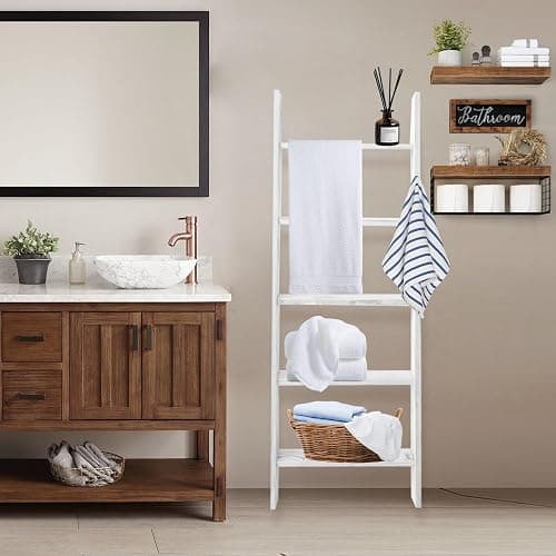 Honest Blanket Ladders for The Living Room, 5-Tier Blanket Holder, Wall-Leaning Blanket Rack, Ladder Shelves, Wooden Quilt Ladder, Farmhouse Decor, White thumbnail 7