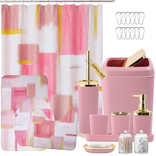 XLHOMO Bathroom Set - Pink and Gold Bathroom Accessories Set, Bathroom Sets with Shower Curtain and Rugs, Pink Shower Curtain Set with Bathroom Trash Can, Soap Dispenser, Soap Dish for Home Decor - Image 1