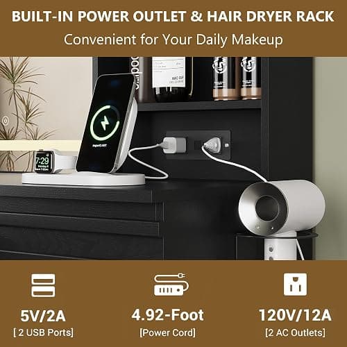 jmhdyg Makeup Vanity Desk with Lights, Fluted Vanity with 4 Drawers, Open Shelves, Power Outlet, LED Lighted Mirror, 3 Lighting Modes & Brightness Adjustable, Wood Dressing Table for Bedroom,Black thumbnail 5