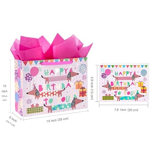 WRAPAHOLIC 13" Large Dog Birthday Gift Bag with Card and Tissue Paper - Gold Foil Dachshund Dogs Happy Birthday Bag for Girl Boy Kids, Baby Shower thumbnail 2