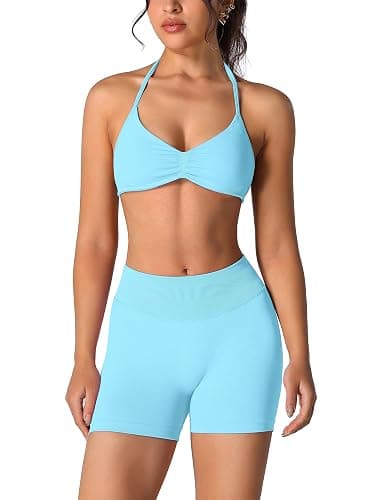 ABOCIW Womens Seamless Workout Sets 2 Piece Strappy Halter Sports Bra Scrunch Butt Shorts Gym Yoga Outfits - Image 1