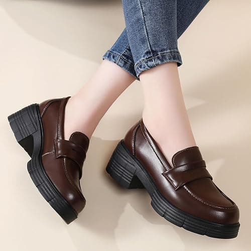 TKKAE Loafers for Women Penny Slip On Chunky Block Heel Platform Loafer | Women's Lug-Sole Loafers Comfortable Business Casual Dress Office Work Shoes for Ladies Daily Walking Shoes thumbnail 5