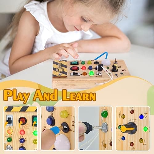 Hoarosall Montessori Wooden Busy Board with 8 LED Light switches, Sensory Toys Light Switch Travel Toys for 1+ Year Old Baby and Toddler thumbnail 4