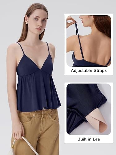 SUUKSESS Women V Neck Babydoll Tank Tops with Built in Bra Summer Cute Peplum Cami Going Out Tops thumbnail 3