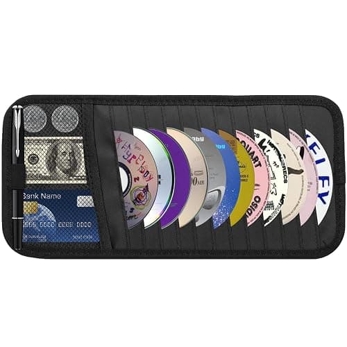 CD Visor Holder for Car, Large Capacity CD & DVD Visor Case, Vehicle Visor Storage Organizer with 12 Disc Sleeves, 1 Mesh Pocket 1 Pen Holder and & Elastic Band (Black) - Image 1