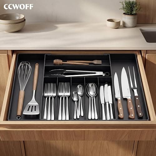 Silverware Drawer Organizer, 9 Slots Expandable Kitchen Drawer Organizer | Extra Large Utensil Holder & Cutlery Tray, Heavy Duty Stainless Steel Frame Flatware Organizer, Non-Slip Feet Included, Black thumbnail 9