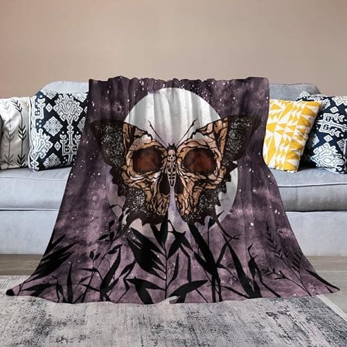 Death Moth Blanket, Boho Gothic Skull Moth Purple Starry Plant Full Moon Mysterious Witchy Throw Blanket for Couch Sofa Office Bed Travelling Bed Throws, 50"x60" thumbnail 6