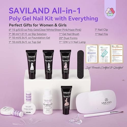 SAVILAND Poly Gel Nail Kit Starter: 4 Colors Natural Clear Poly Nail Gel with U V Lamp Slip Solution Quick Dry Nourish Nails 28 Days Durable DIY Salon Home Use thumbnail 2