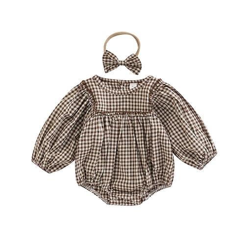 Douhoow Infant Baby Girl Plaid Romper Baby Sweatshirt Romper Ruffle Festival Clothes Fall Winter Outfits with Headband - Image 1