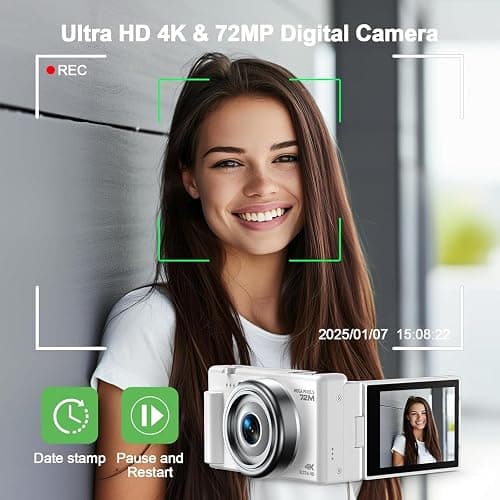 4K Digital Camera for Photography, 72MP Autofocus 2.8" 270°Flip Screen Vlogging YouTube Camera, 18X Zoom Compact Travel Cameras for Teens Beginners, 64GB Card & Battery thumbnail 2