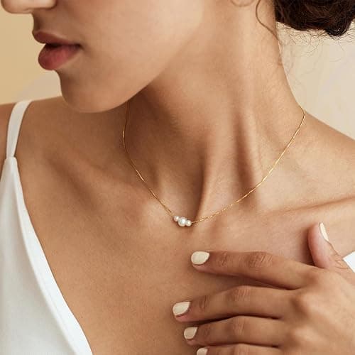 Decholly Gold Pearl Necklaces for Women Trendy, 14K Gold Plated Dainty Necklace Simple Layered Pearl Necklaces for Women Trendy Wedding Birthday Jewelry thumbnail 4