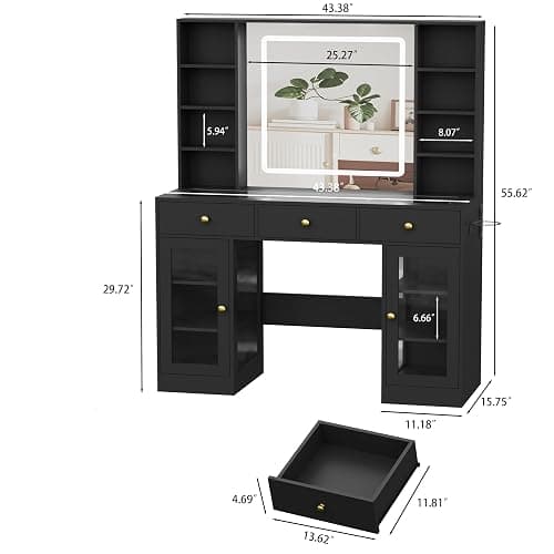 Black Vanity Desk with Mirror and Lights, Glass Top Vanity with Lighted Mirror & RGB Cabinet and 3 Drawers, Dressing Table with 8 Shelves, Makeup Desk with Lights for Girls Bedroom, 3 Color Modes thumbnail 2