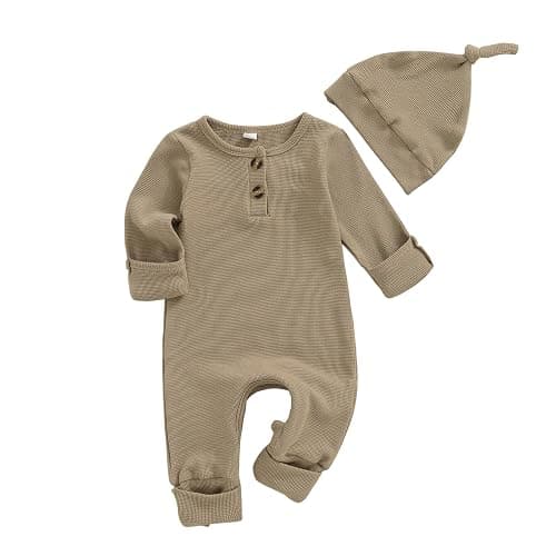 Newborn Knit Romper Hat 2 Pieces Button Up Footed Jumpsuit Baby Boy Clothes Photography Coming Home Outfit - Image 1