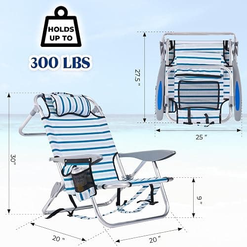 Canpsky 2 Pack Lightweight Portable Camping Beach Chair for Adults, Outdoor Lay Flat Folding Beach Chairs with 5 Positions, Backpack Beach Chair with Towel Bar, Zipper Pouch, Cup Holder, White Striped thumbnail 3