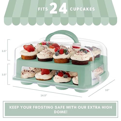 Cupcake Carrier, Green Cupcake Holder Carries 24 Count Standard-Size Cupcakes, Muffin Traveler Two Tier Stand Reusable Cupcake Box - Green - 24 Cupcake Carrier thumbnail 3