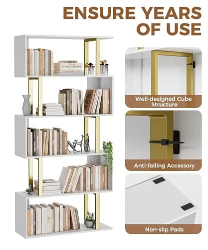 Gadroad 5 Tier Geometric Bookcase,S Shaped Bookshelf, Wood Decorative Storage Shelving, Modern Freestanding Display Shelves, Tall Book Shelf Unit for Living Room Bedroom, Gold thumbnail 6