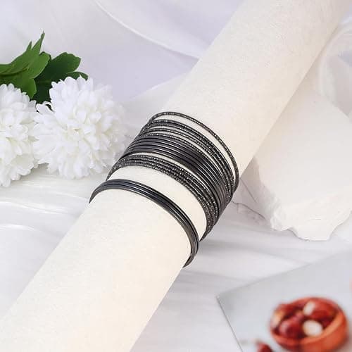JAZTAKU 80S Multiple Textured Metal Black Bracelets & Bangles Set for Women Multi Layer Stackable Textured Bracelets Boho Jewelrys Set. thumbnail 3