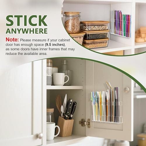 Malldii 9.5" Large Acrylic Straw Holder for Cabinet Door - Reusable Tumbler Straw Organizer Storage, Small Kitchen Accessories Container, Ultra Sticky Cupboard Door Mounted (Transparent) thumbnail 5