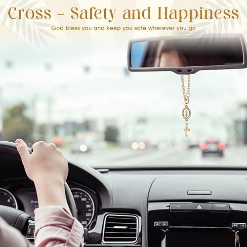 Huquary Steering Wheel Rosary Charm Accessory Cross Pendant Car Decor Rearview Mirror Car Rosary for Automotive Protection Charm Decor thumbnail 5
