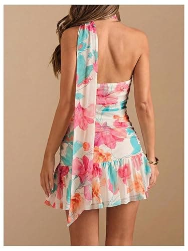 OYOANGLE Women's Floral Print Sleeveless Halter Short Dress Ruched Bodycon Ruffle Dress with Scarf thumbnail 2