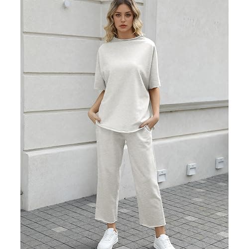 SeeLuNa Women's Two Piece Outfits 3/4 Batwing Sleeve Capelet Crew Neck Pullover Top Wide Leg Pants Lounge Set thumbnail 6