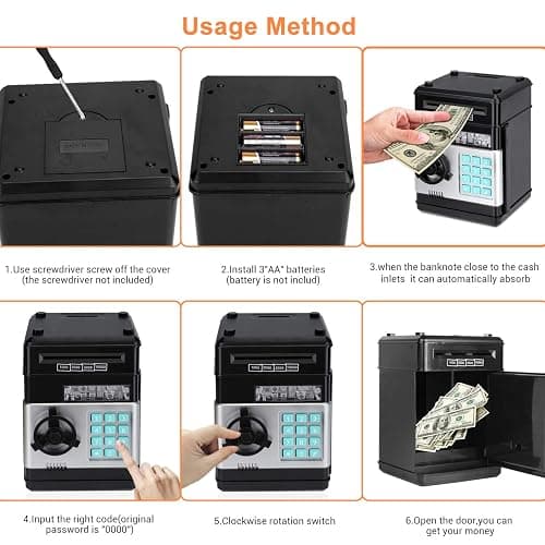 Renvdsa Cartoon Electronic ATM Password Piggy Bank Cash Coin Can Auto Scroll Paper Money Saving Box Gift for Kids (Black) thumbnail 8