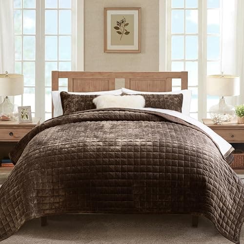 RECYCO Luxury Velvet Quilt Set King Size Bedding Sets, Ultra Soft Velvet Comforter Set, Lightweight Channel Box Stitch Oversized Bedspread Coverlet for All Season, with 2 Shams, Walnut Brown - Image 1