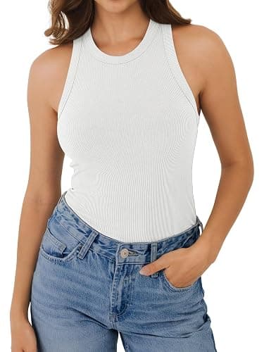 GKBK Womens Racerback Tank Tops Ribbed High Neck Sleeveless Casual Summer Basic Slim Fitted Tank Cami Shirts thumbnail 3