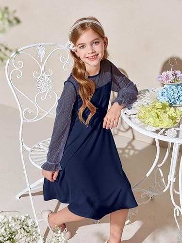 Haloumoning Girls Contrast Mesh Long Sleeve High Waist A Line Short Dress with Pockets 4-14 Years thumbnail 2